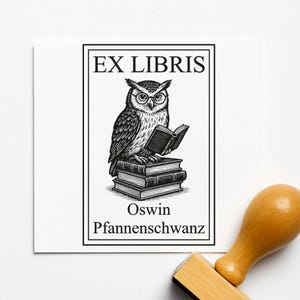 Könnte beinhalten: Schwarz-weißer Stempel mit einer Eule, die ein Buch liest und auf einem Bücherstapel sitzt. Der Stempel trägt die Aufschrift "EX LIBRIS" und "Oswin Pfannenschwanz". Ein Holzstempelgriff ist sichtbar.