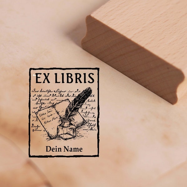 Timbre Ex Libris avec nom - lettre, encrier et ancien script ex libris motif timbre 38 x 48 mm - timbre en bois livre timbre livres marque-page