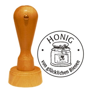 Stamp wooden stamp « HONEY from HAPPY BEES » motif stamp motif honey jar bee honey honeybees beekeeper beekeeping farm shop organic shop