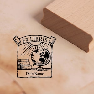 Timbre Ex Libris avec nom - globe, soleil et livres Timbre à motif ex libris 48 x 48 mm - carnet de timbres en bois timbre carnet timbre cadeau