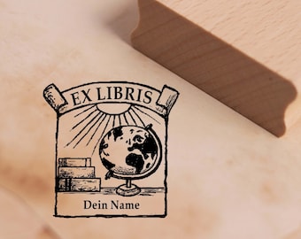 Ex Libris stamp with name - globe, sun and books Ex libris motif stamp 48 x 48 mm - wooden stamp book stamp book stamp gift