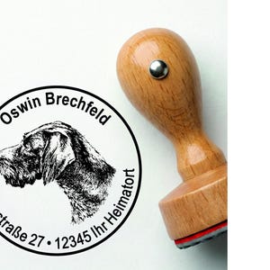 Sello de madera redondo de 40 mm – Motivo de perro Braco Alemán de Pelo Duro – Sello personalizado con nombre y dirección – Ideal para dueños de perros y cazadores