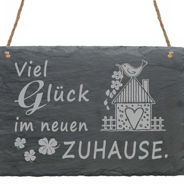 Schiefertafel « Viel Glück im neuen Zuhause » mit Motiv Vogelhaus Klee Schild Dekoration Türschild Geschenk Umzug Einzug Einweihungsparty