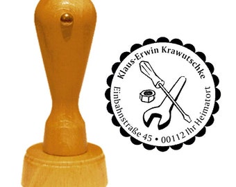 Adressstempel « WERKZEUG » mit persönlicher Anschrift und Motiv - Stempel Holzstempel Name Monteur Reparatur KFZ Handwerker Werkstatt
