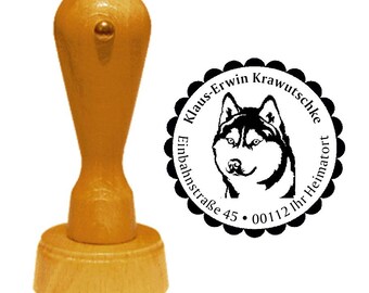 Timbre d’adresse chien « SIBERIAN HUSKY 02 » avec adresse personnelle et motif - Nom du timbre Timbre en bois Race de chien Chien de traîneau Esquimau