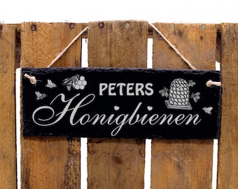 Honey bees personalized with name - beekeeper sign slate engraving bee colony beehive bees - 22 x 8 cm - gift beekeeping beekeeper