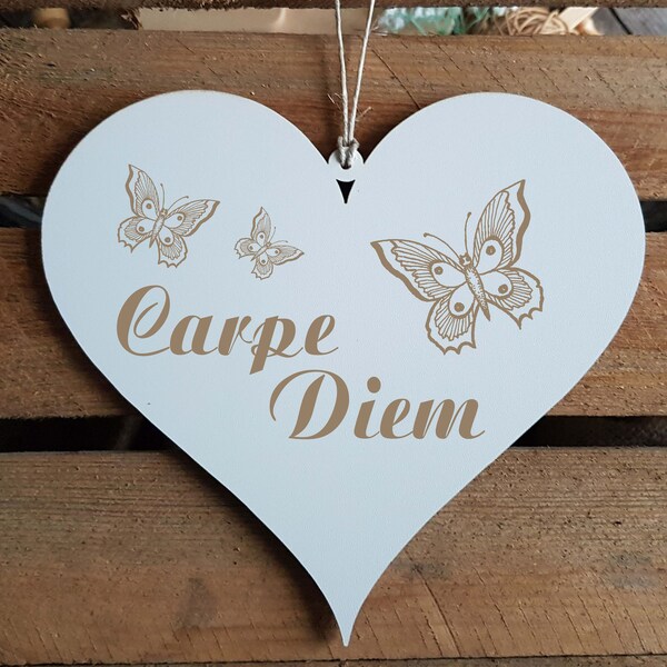 Schild HERZ « CARPE DIEM » Spruch Genieße den Augenblick Motto Lebensmotto Motiv Schmetterlinge Geschenk zum Geburtstag Valentinstag Glück