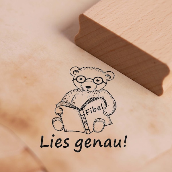 Stempel Lies genau - Motiv Bär Fibel ca. 28 x 28 mm - Lehrerstempel Holzstempel Motivstempel - Schule Kindergarten Kinder Lehrer Note ABC