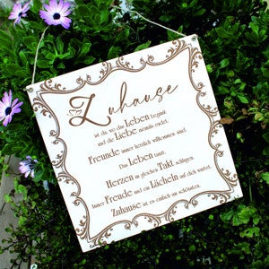 Schild Zuhause ist Spruch - Vintage Dekoschild - Geschenk zum Einzug Umzug - 20 x 20 cm - Türschild Holzschild Sprüche home sweet home