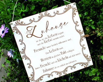 Schild Zuhause ist Spruch - Vintage Dekoschild - Geschenk zum Einzug Umzug - 20 x 20 cm - Türschild Holzschild Sprüche home sweet home
