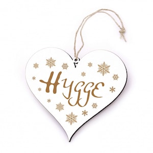 Hygge Shield Heart Wood Christmas Decoration Winter Decoration - Snowflakes Door Sign Cosiness Decoration Living Room - 13 x 12 cm - Advent Winter Snow