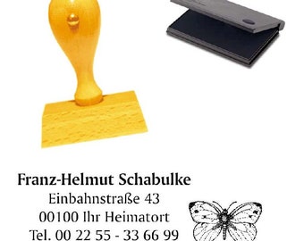 Holzstempel mit Kissen - Stempel Schmetterling 1 - mit Name und Adresse