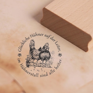 Motif stamp Happy chickens on the ladder, in the chicken coop everyone is cheerful - stamp wooden stamp 58 x 58 mm - chicken funny saying stable