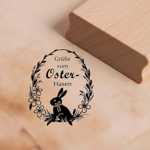 Motif stamp Easter egg flower wreath greetings from the Easter bunny - Easter bunny stamp wooden stamp 58 x 68 mm - scrapbooking embossing crafting stamping