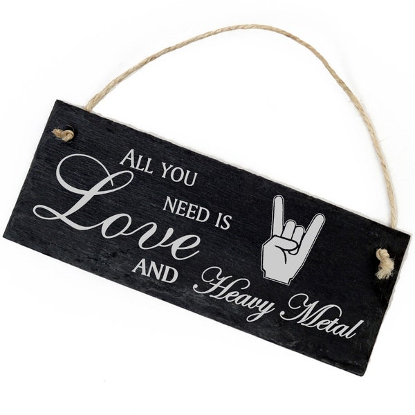 Schiefertafel Deko Pommesgabel Schild 22 x 8 cm - All you need is Love and Heavy Metal