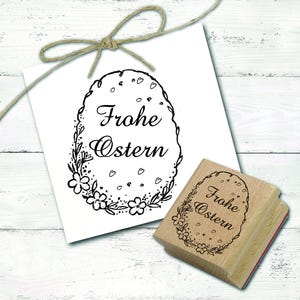 Sello con motivo Feliz Pascua Sello de huevo de Pascua con zarcillo de flores 38 x 48 mm - Sello de madera para scrapbooking Sello de Pascua floral florido