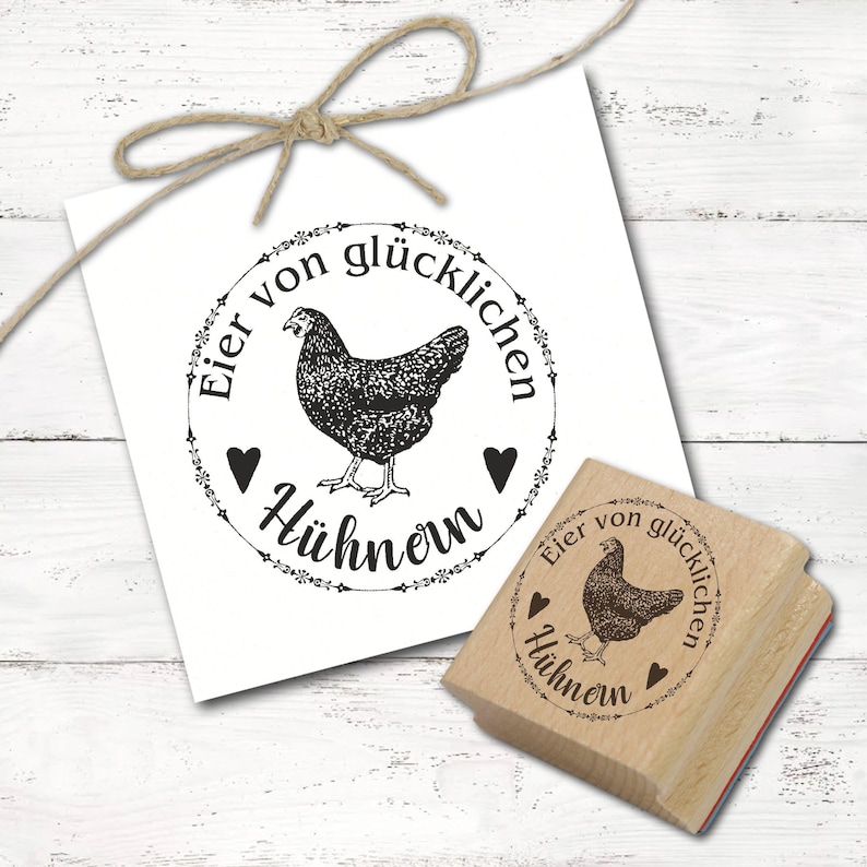 Stempel Eier von glücklichen Hühnern - Motiv schwarzes Huhn - Motivstempel für Eierkarton Eierschachtel Eierverpackung 68x68mm - Holzstempel Bild 1