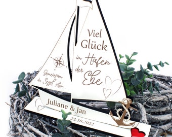 Wedding gift - Good luck in the harbor of marriage - with name and date 18 x 20 cm - personal wedding gift