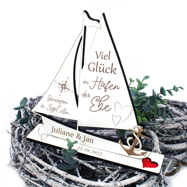 Wedding gift - Good luck in the harbor of marriage - with name and date 18 x 20 cm - personal wedding gift