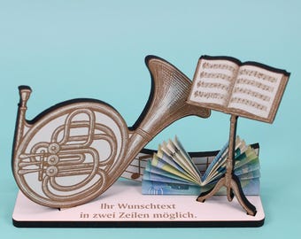 Horn decorative display stand – Gift for musicians with personalized text – Horn player & horn player – Cash gift