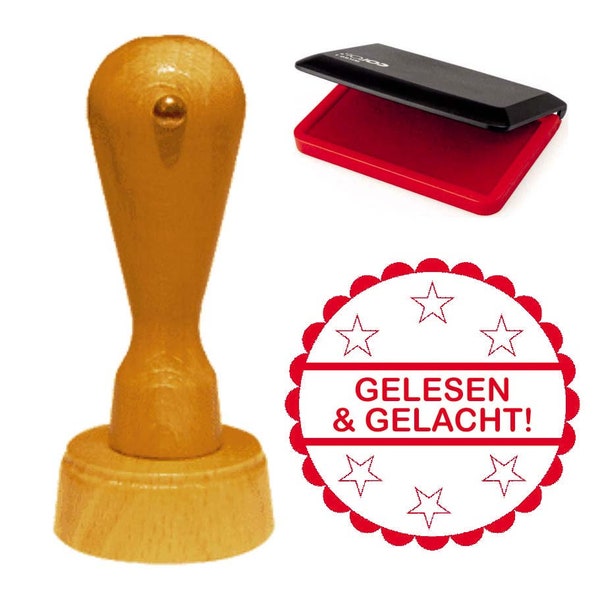 Stempel « GELESEN & GELACHT » inkl. Stempelkissen ROT - Motiv Sterne - Statement Bürostempel Office Lehrerstempel Chef Boss Firma Büro Humor