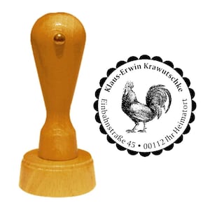 Stamp wooden stamp address stamp « HAHN » with personal address and motif bird name rooster farmer farm country house yard good morning