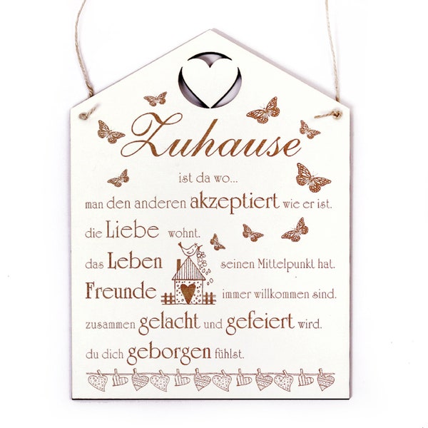 Schild Zuhause ist, wo... • Türschild zum Anhängen Wandschild Herz Haus Dekoration Dekoschild • ca. 20 x 28 cm • Geschenk Familie Eltern