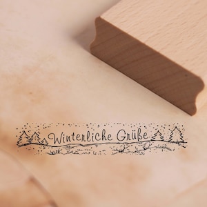 Motif Timbre Bordure Salutations d’hiver - Timbre Paysage d’hiver Sapins et neige 98 x 18 mm - Timbre en bois Scrapbooking Salutations d’hiver