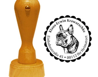 Adressstempel Hund « FRANZÖSISCHE BULLDOGGE » mit persönlicher Anschrift und Motiv - Stempel Name Holzstempel Hunderasse French Bulldog