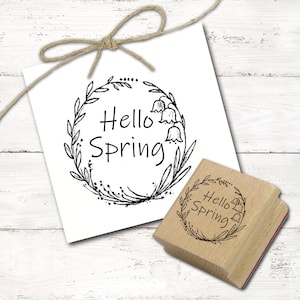 Tampon motif Hello Spring - Tampon cadre Muguet tampon bois 48 x 48 mm - tamponnage loisirs créatifs scrapbooking idée cadeau printemps