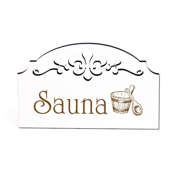 Sauna Türschild Saunabottich - selbstklebendes Schild mit Ornamenten - 15,5 x 9,5 cm - Vintage Shabby Türdeko Dekoschild - Spa Finnland