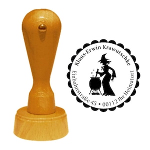 Address stamp " HEXE am KESSEL" with personal address and motif - stamp wood stamp name Walpurgisnacht magic witch's kitchen cooking resin