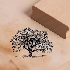 Könnte beinhalten: Ein schwarz-weißer Baumstempel mit einer detaillierten Illustration eines großen Eichenbaums. Der Stempel hat einen Holzgriff. Der Baum wird mit einer vollen Krone und sichtbaren Wurzeln dargestellt. Der Stempel liegt auf einer hellbraunen Oberfläche.