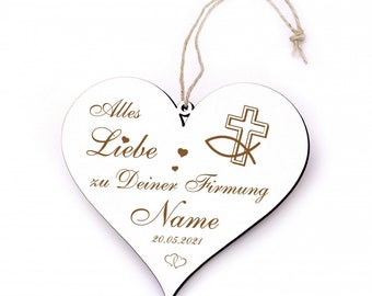 Bouclier de confirmation Cœur gravé - Tout l’amour pour la confirmation - Cadeau en bois avec nom + Date 13 x 12 cm - Idée cadeau Sacrement de confirmation