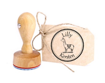 Kinderstempel Lama - Holzstempel mit persönlichem Namen Ø 24 mm - Namensstempel Motivstempel Lehrerstempel Lehrer Kinder Schule