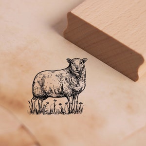 Timbro con motivo pecora di montagna in piedi sul prato - timbro pecora timbro in legno 38 x 36 mm - stampaggio artigianale scrapbooking goffratura scuola materna