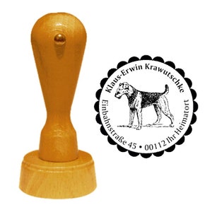 Address stamp dog «AIREDALE TERRIER 01» with personal address and motif-stamp wood stamp name Waterside terrier Bingley Terrier