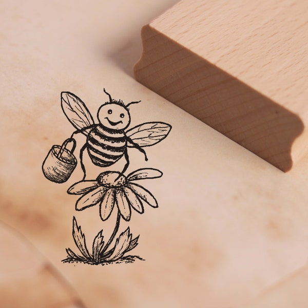 Stamp Funny bee on flower - motif stamp approx. 28 x 38 mm • wooden stamp Scrapbooking Embossing • Gift beekeeper beekeeping bee children