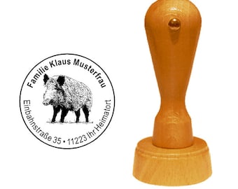 Stamp Wild Boar Keiler - with name and address Ø 35 mm - Wooden stamp Motif stamp Address stamp Address stamp
