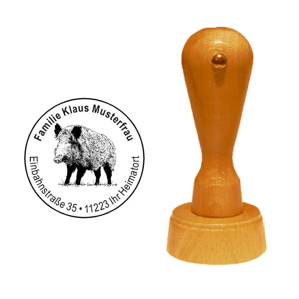 Stempel Wildschwein Keiler - mit Name und Adresse Ø 35 mm - Holzstempel Motivstempel Adressenstempel Adresstempel