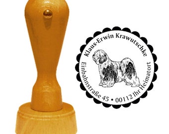Dirección sello perro 'TIBET-TERRIER» con dirección personal y motivo - nombre del sello de madera perro raza tibetano Terrier Tsang Apso