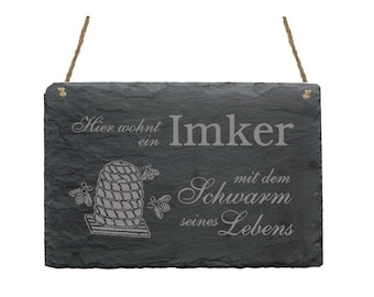 Schiefertafel « Hier wohnt ein IMKER mit dem Schwarm seines Lebens » Schild 22 x 16 cm - Honig Biene Imkerei Familie Türschild Eingang