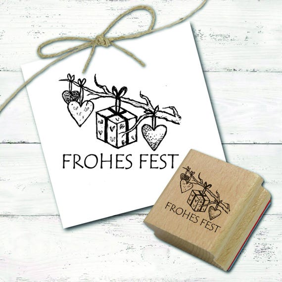Stempel Frohes Fest - Tannenzweig mit Anhängern Motivstempel ca. 48 x 38 mm • Holzstempel Weihnachtsstempel Nikolaus Weihnachten Advent Xmas