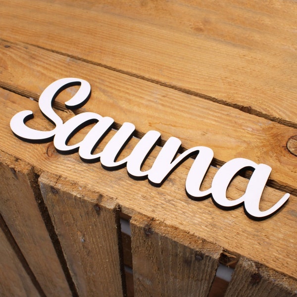 Sauna door sign lettering white wooden sign door decoration letters room self-adhesive - 24 x 9 cm - adhesive sign sign hotel spa area fitness