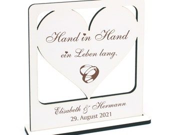 Deko Aufsteller Hand in Hand ein Leben lang - Schild inkl. Namen und Datum - 16x16 cm - persönliches Geschenk Hochzeit Verlobung Jahrestag