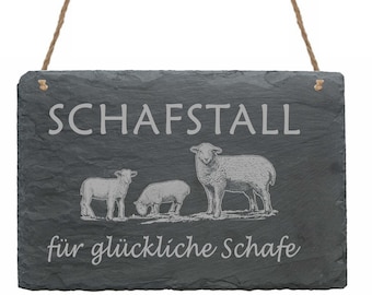 Wetterfeste Schiefertafel Schafstall für glückliche Schafe - Schaf Schild 22x16 - Bauernhof Landhaus Stall Stallschild Bauer Schäfer Hirte