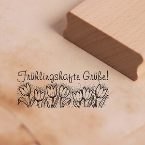 Motivstempel Frühlingshafte Grüße - Tulpen Frühling Stempel 68 x 28 mm - Holzstempel Embossing Scrapbooking Frühling Geschenk Gruß Blumen