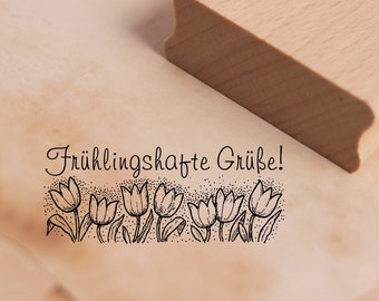 Motif Stamp Spring Greetings - Tulips Spring Stamp 68 x 28 mm - Wooden Stamp Embossing Scrapbooking Spring Gift Greeting Flowers