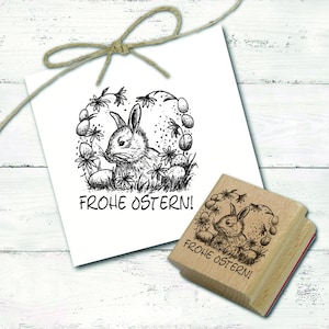 Motif stamp Happy Easter Easter bunny with Easter egg border - stamp wooden stamp 48 x 48 mm - Easter stamp bunny stamp kindergarten school