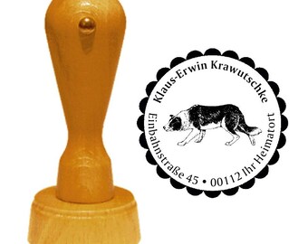 Adres stempel hond «BORDER COLLIE 02» met persoonlijke adres en onderwerp - houten stempels naam RAS hoeden van Schotland, Wales